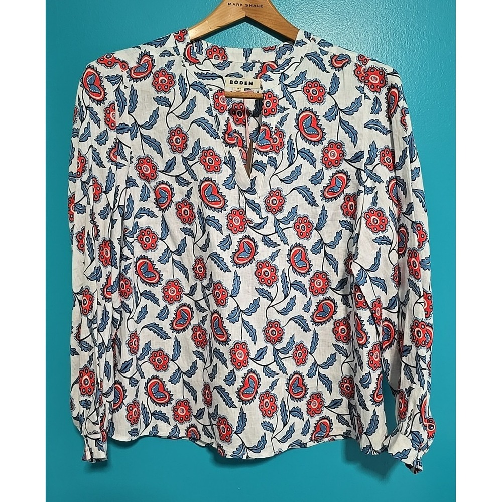 Like new Boden Alice Sz 12‎ Linen Top Floral Relaxed Fit Breathable Long Sleeve